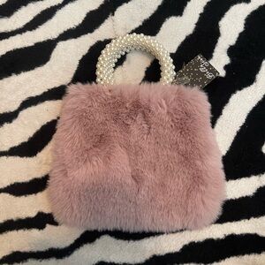 Elegant BLUSH Faux Fur Handbag with Pearl Handle
